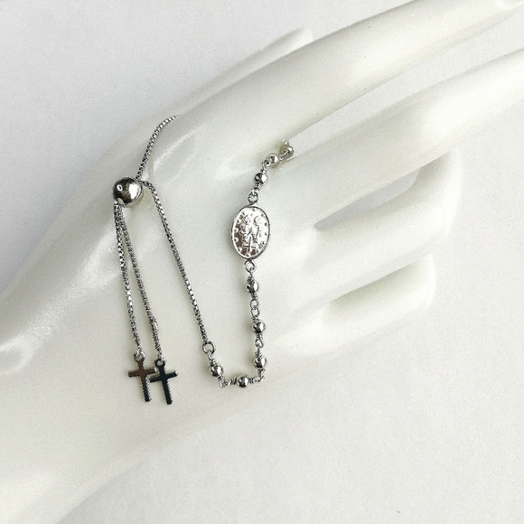NWT Sterling Silver decade rosary prayer slider bracelet Cross charm - Picture 6 of 6